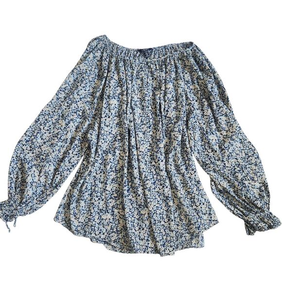 Chaps Boho Peasant Ditzy Floral Top-3X-Blue/White-Key Hole-70s Vibe-Cottagecore - Picture 1 of 10